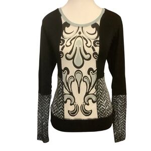 BANDOLERA BLACK & WHITE PATTERNED LONG SLEEVE SHEER PANELS TOP/ Size M (EUR 42)